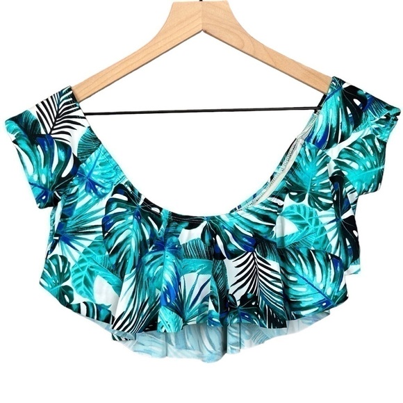 No Boundries Juniors Bikini Top Tropical Ruffle Blue Off-the-Shoulder Size-XS - Picture 4 of 7